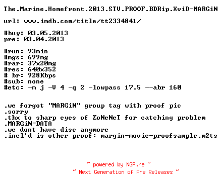NFO for the release The.Marine.Homefront.2013.STV.PROOF.BDRip.XviD-MARGiN by MARGiN