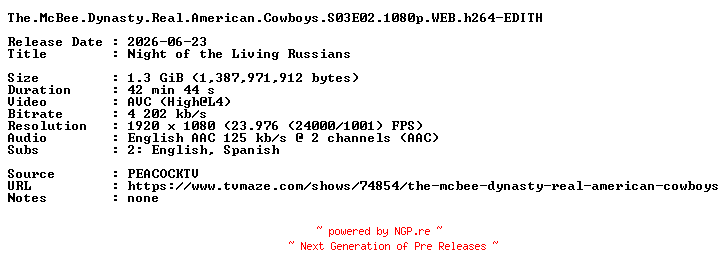 NFO for the release The.McBee.Dynasty.Real.American.Cowboys.S03E02.1080p.WEB.h264-EDITH by EDITH
