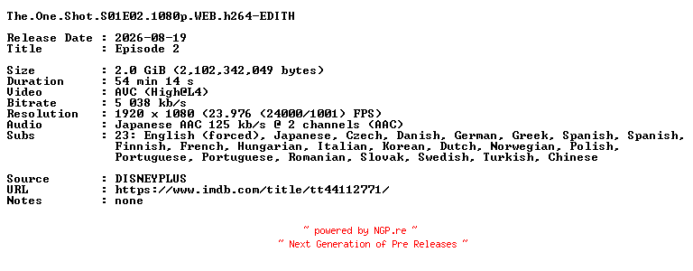 NFO for the release The.One.Shot.S01E02.1080p.WEB.h264-EDITH by EDITH
