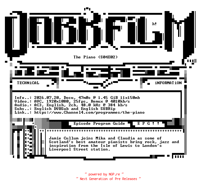 NFO for the release The.Piano.S04E02.1080p.HDTV.H264-DARKFLiX by DARKFLiX
