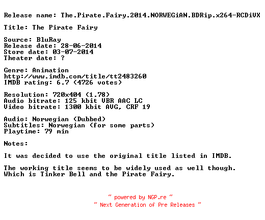 NFO for the release The.Pirate.Fairy.2014.NORWEGiAN.BDRip.x264-RCDiVX by RCDiVX