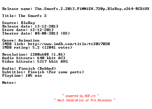 NFO for the release The.Smurfs.2.2013.FiNNiSH.720p.BluRay.x264-RCDiVX by RCDiVX