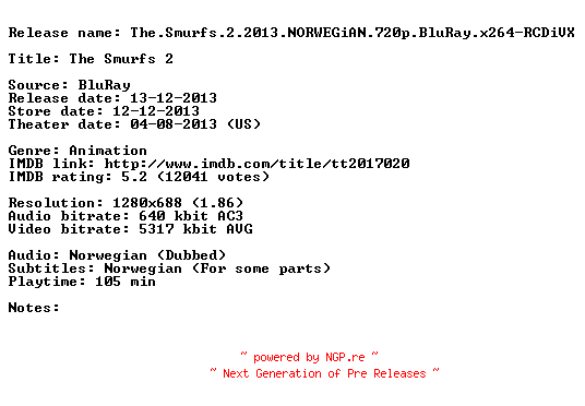 NFO for the release The.Smurfs.2.2013.NORWEGiAN.720p.BluRay.x264-RCDiVX by RCDiVX