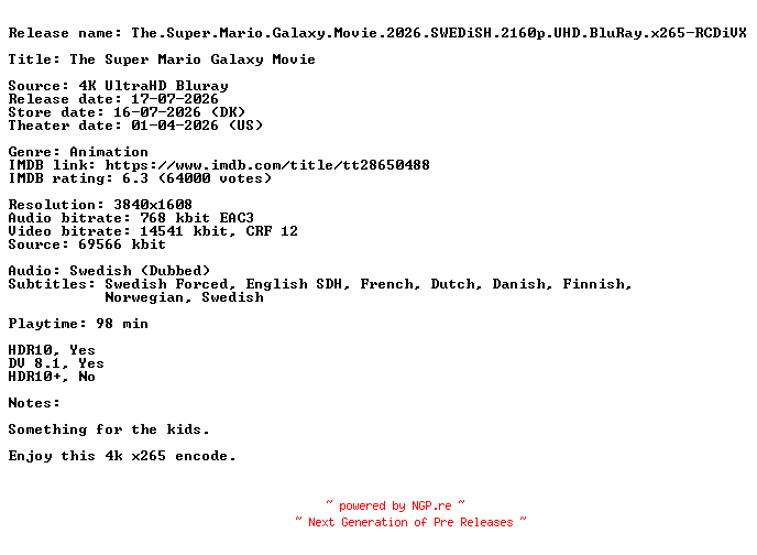 NFO for the release The.Super.Mario.Galaxy.Movie.2026.SWEDiSH.2160p.UHD.BluRay.x265-RCDiVX by RCDiVX