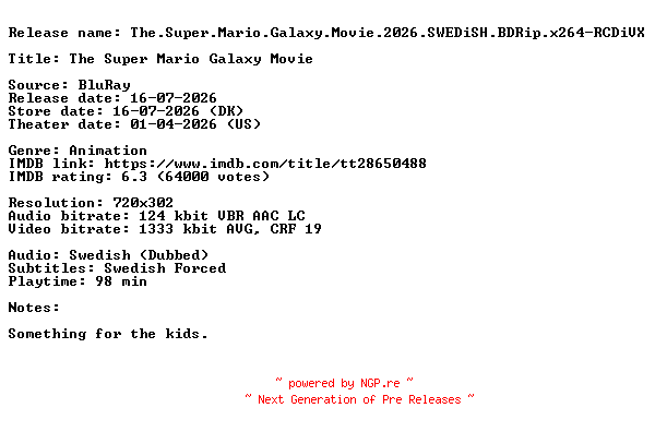 NFO for the release The.Super.Mario.Galaxy.Movie.2026.SWEDiSH.BDRip.x264-RCDiVX by RCDiVX