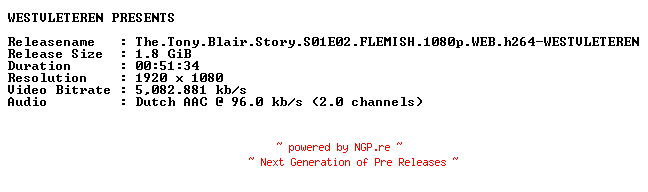 NFO for the release The.Tony.Blair.Story.S01E02.FLEMISH.1080p.WEB.h264-WESTVLETEREN by WESTVLETEREN