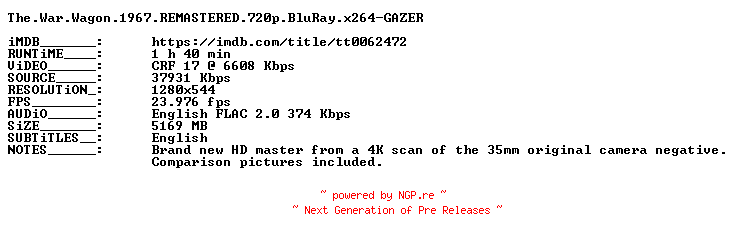 NFO for the release The.War.Wagon.1967.REMASTERED.720p.BluRay.x264-GAZER by GAZER