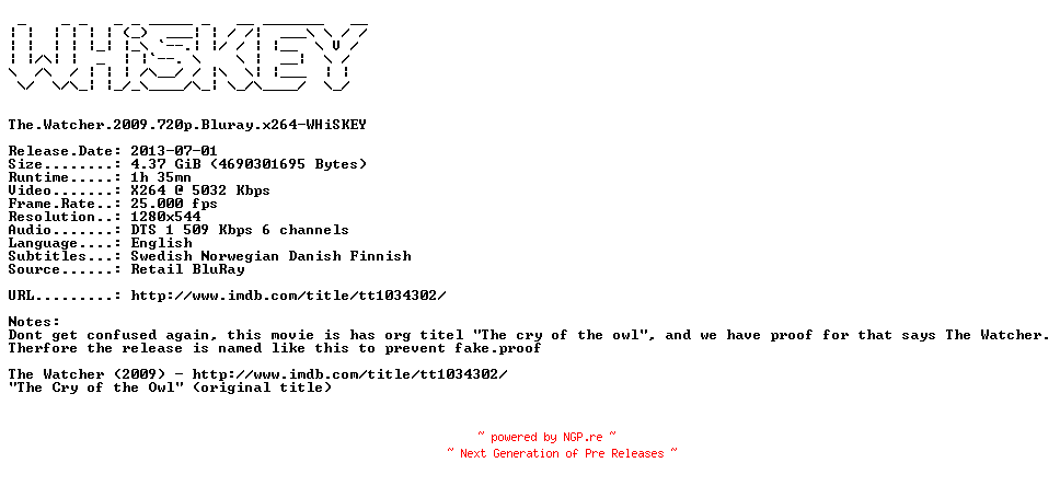 NFO for the release The.Watcher.2009.720p.Bluray.x264-WHiSKEY by WHiSKEY