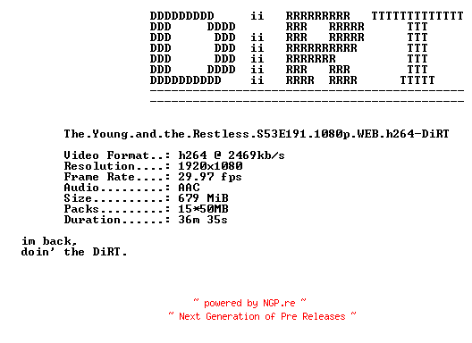 NFO for the release The.Young.and.the.Restless.S53E191.1080p.WEB.h264-DiRT by DiRT