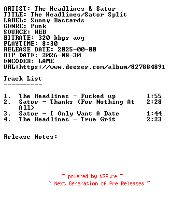 NFO for the release The_Headlines_And_Sator-The_Headlines-Sator_Split-WEB-2025-SDR by SDR