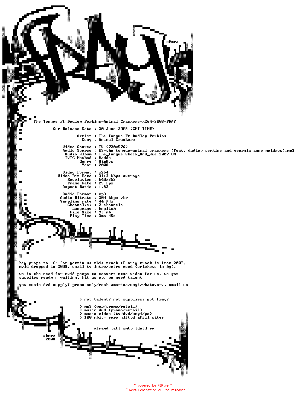 NFO for the release The_Tongue_Ft_Dudley_Perkins-Animal_Crackers-x264-2008-FRAY by FRAY