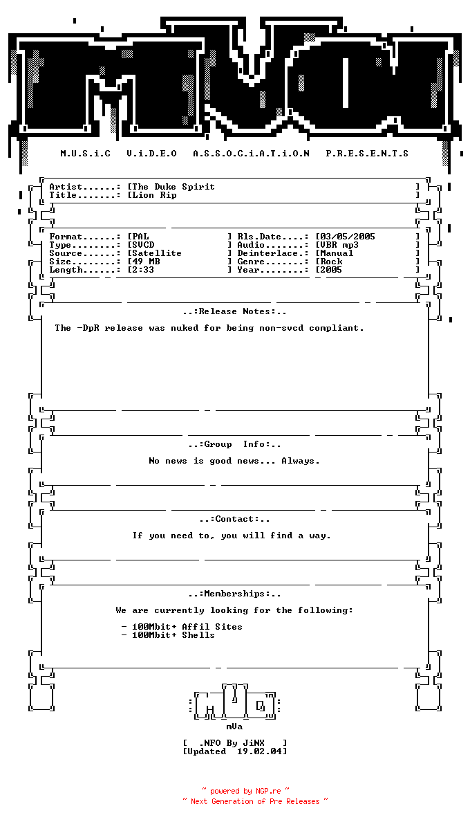 NFO for the release The_duke_spirit-lion_rip-proper-svcd-2005-mVa by mVa