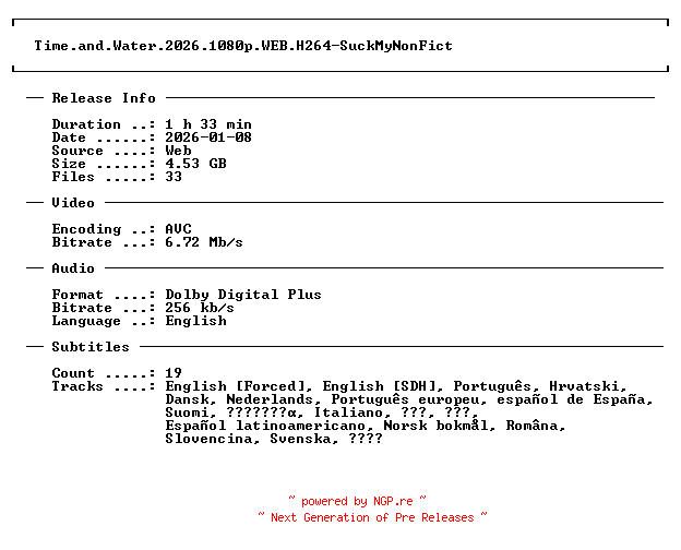 NFO for the release Time.and.Water.2026.1080p.WEB.H264-SuckMyNonFict by SuckMyNonFict