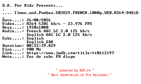NFO for the release Timon.and.Pumbaa.S03E29.FRENCH.1080p.WEB.H264-D4KiD by D4KiD