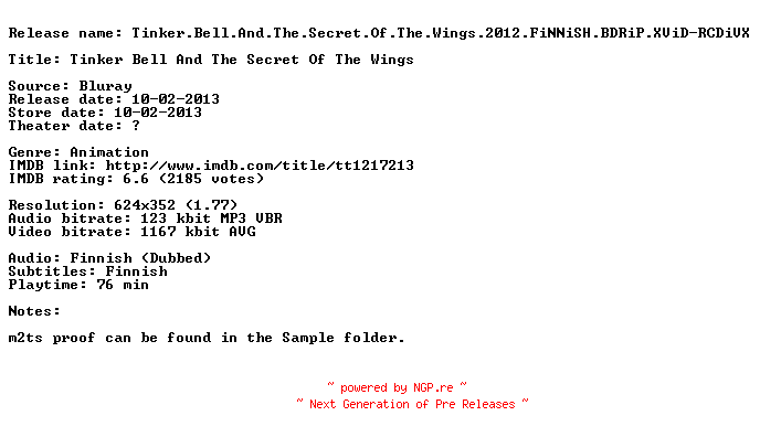 NFO for the release Tinker.Bell.And.The.Secret.Of.The.Wings.2012.FiNNiSH.BDRiP.XViD-RCDiVX by RCDiVX