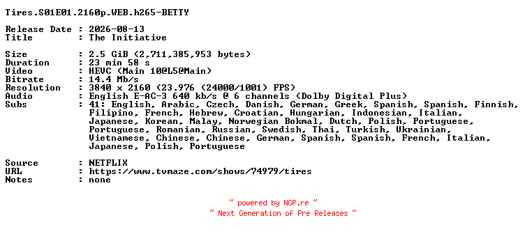 NFO for the release Tires.S01E01.2160p.WEB.h265-BETTY by BETTY