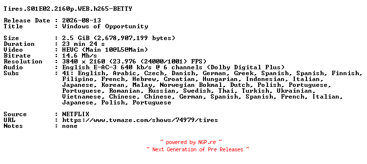 NFO for the release Tires.S01E02.2160p.WEB.h265-BETTY by BETTY