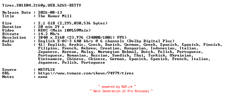 NFO for the release Tires.S01E04.2160p.WEB.h265-BETTY by BETTY