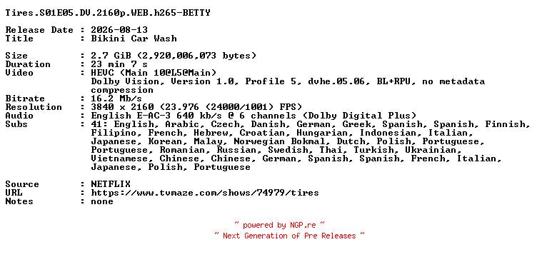 NFO for the release Tires.S01E05.DV.2160p.WEB.h265-BETTY by BETTY