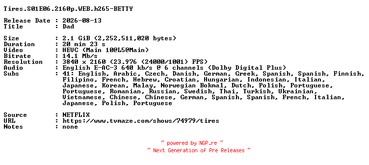 NFO for the release Tires.S01E06.2160p.WEB.h265-BETTY by BETTY