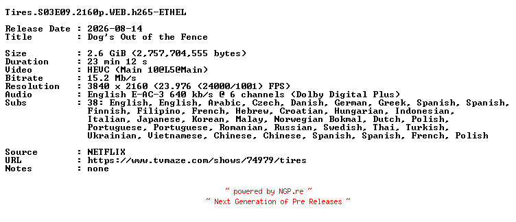 NFO for the release Tires.S03E09.2160p.WEB.h265-ETHEL by ETHEL