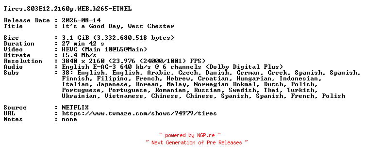 NFO for the release Tires.S03E12.2160p.WEB.h265-ETHEL by ETHEL