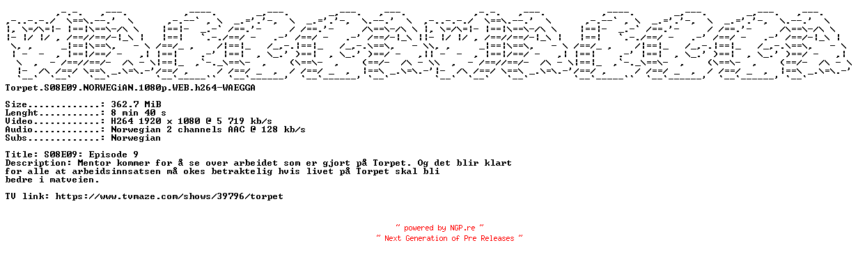 NFO for the release Torpet.S08E09.NORWEGiAN.1080p.WEB.h264-WAEGGA by WAEGGA
