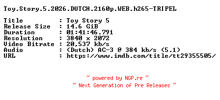 NFO for the release Toy.Story.5.2026.DUTCH.2160p.WEB.h265-TRIPEL by TRIPEL