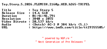 NFO for the release Toy.Story.5.2026.FLEMISH.2160p.WEB.h265-TRIPEL by TRIPEL