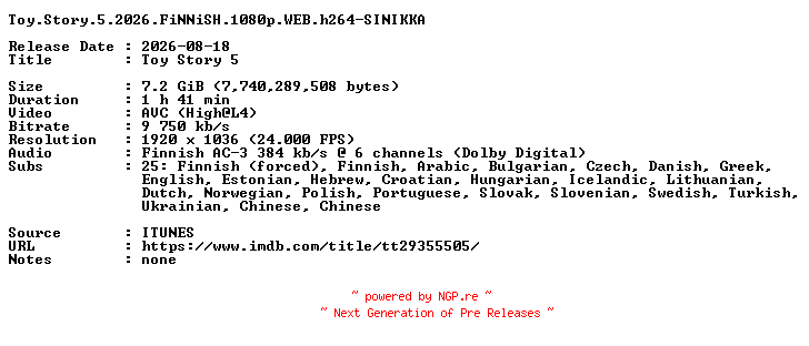 NFO for the release Toy.Story.5.2026.FiNNiSH.1080p.WEB.h264-SINIKKA by SINIKKA