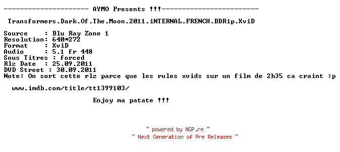 NFO for the release Transformers.Dark.Of.The.Moon.2011.iNTERNAL.FRENCH.BDRip.XviD-AYMO by AYMO