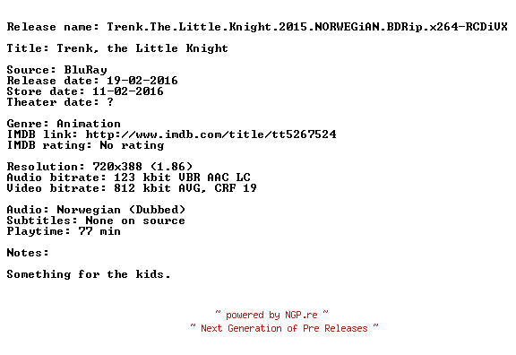 NFO for the release Trenk.The.Little.Knight.2015.NORWEGiAN.BDRip.x264-RCDiVX by RCDiVX