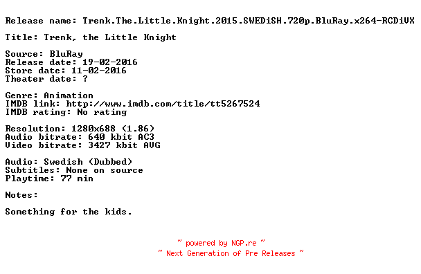 NFO for the release Trenk.The.Little.Knight.2015.SWEDiSH.720p.BluRay.x264-RCDiVX by RCDiVX