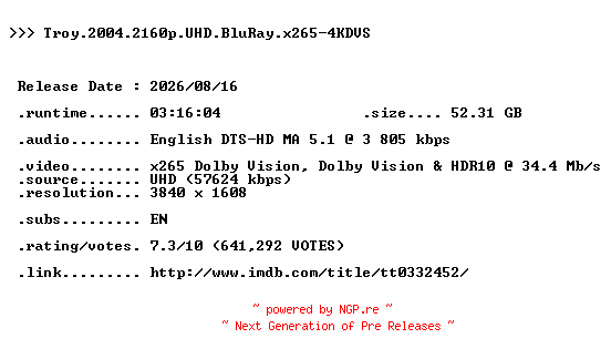 NFO for the release Troy.2004.2160p.UHD.BluRay.x265-4KDVS by 4KDVS