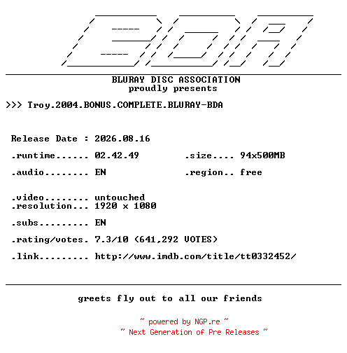 NFO for the release Troy.2004.BONUS.COMPLETE.BLURAY-BDA by BDA