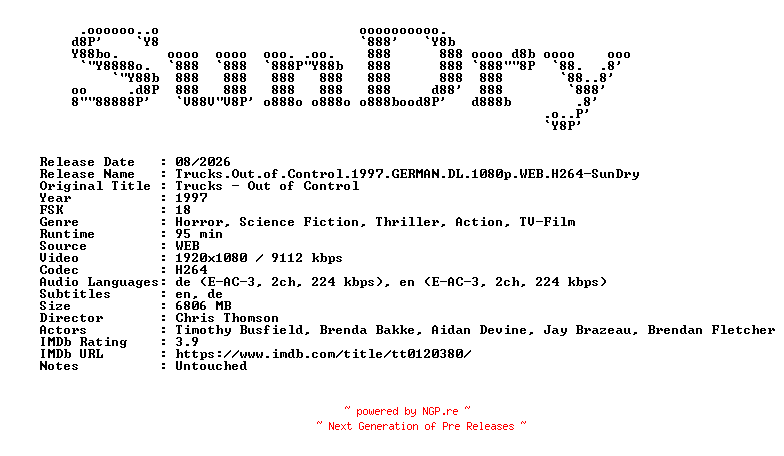 NFO for the release Trucks.Out.of.Control.1997.GERMAN.DL.1080p.WEB.H264-SunDry by SunDry