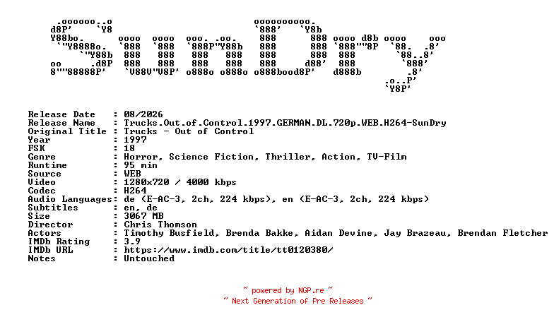 NFO for the release Trucks.Out.of.Control.1997.GERMAN.DL.720p.WEB.H264-SunDry by SunDry