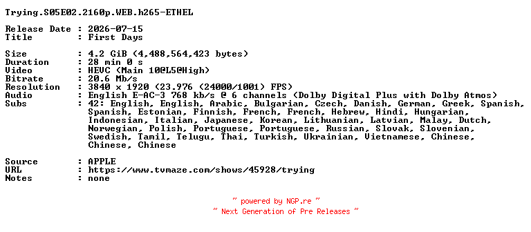 NFO for the release Trying.S05E02.2160p.WEB.h265-ETHEL by ETHEL