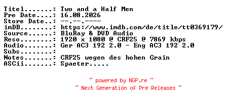 NFO for the release Two.and.a.Half.Men.S06E20.Alan.Cousteau.German.DL.AC3D.1080p.BluRay.x264-JaJunge by JaJunge