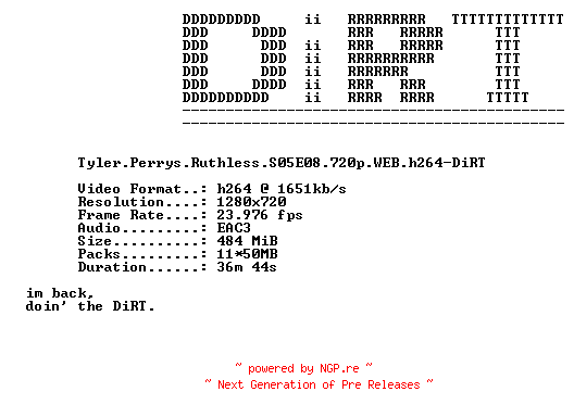 NFO for the release Tyler.Perrys.Ruthless.S05E08.720p.WEB.h264-DiRT by DiRT