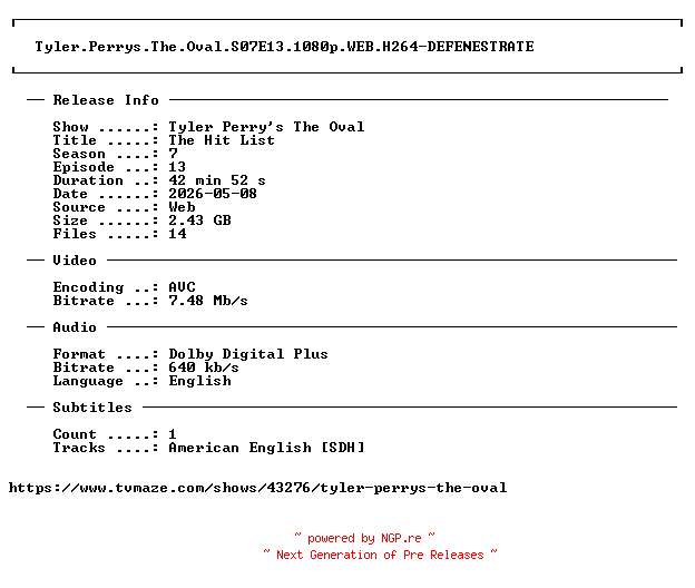 NFO for the release Tyler.Perrys.The.Oval.S07E13.1080p.WEB.H264-DEFENESTRATE by DEFENESTRATE