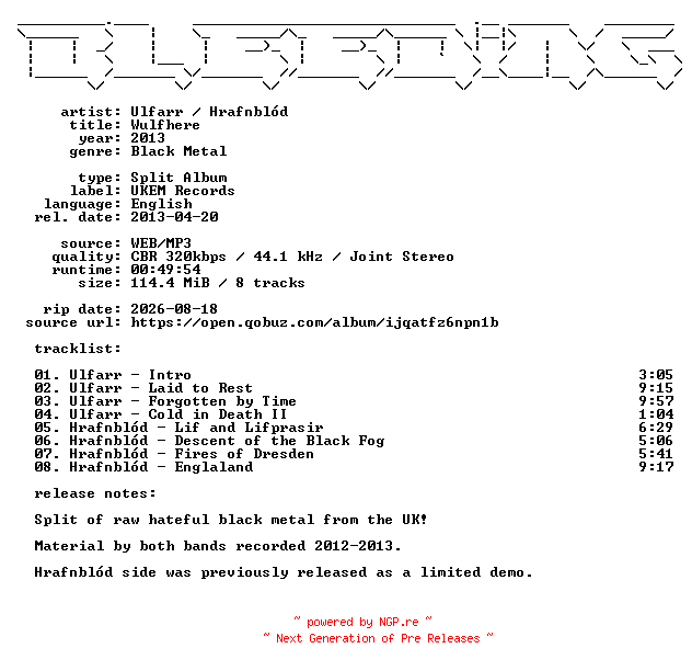 NFO for the release Ulfarr-Hrafnblod--Wulfhere-Split-WEB-2013-BLEEDiNG by BLEEDiNG