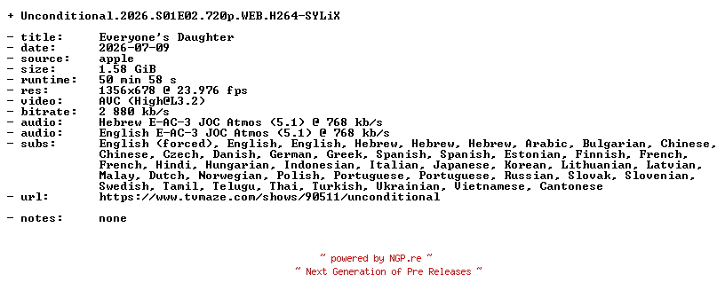 NFO for the release Unconditional.2026.S01E02.720p.WEB.H264-SYLiX by SYLiX