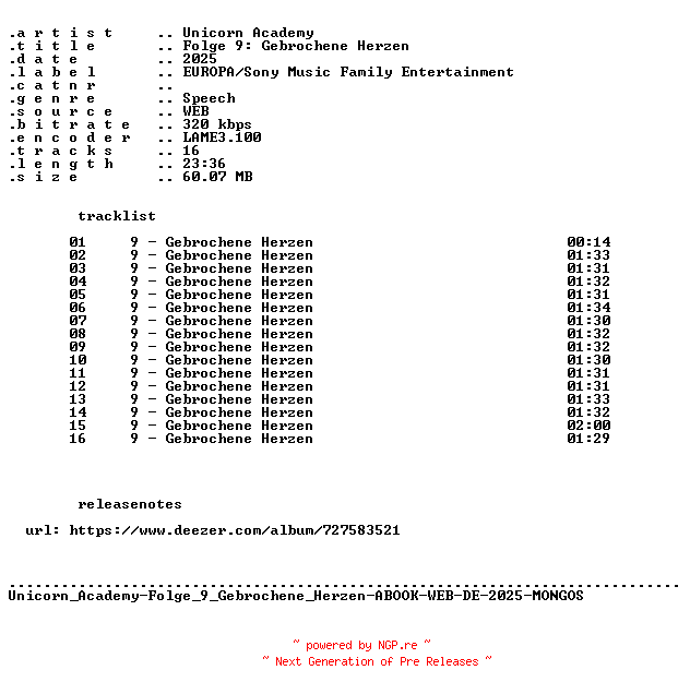 NFO for the release Unicorn_Academy-Folge_09_Gebrochene_Herzen-ABOOK-WEB-DE-2025-MONGOS by MONGOS