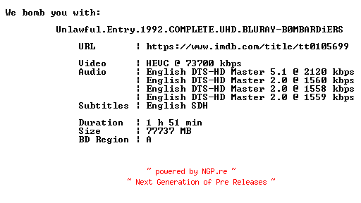 NFO for the release Unlawful.Entry.1992.COMPLETE.UHD.BLURAY-B0MBARDiERS by B0MBARDiERS