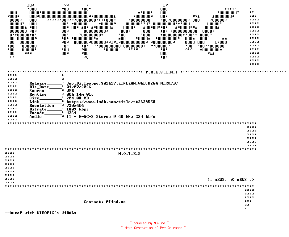 NFO for the release Uno.Di.Troppo.S01E17.iTALiAN.WEB.H264-NTROPiC by NTROPiC