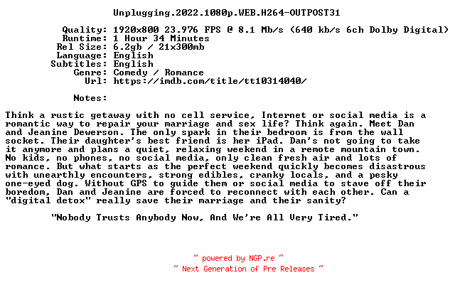 NFO for the release Unplugging.2022.1080p.WEB.H264-OUTPOST31 by OUTPOST31