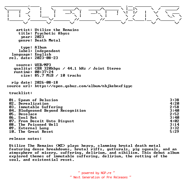 NFO for the release Utilize_the_Remains-Psychotic_Abyss-WEB-2023-BLEEDiNG by BLEEDiNG