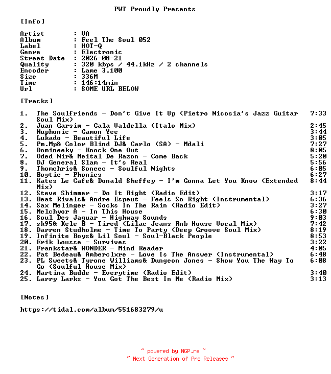 NFO for the release VA-Feel_The_Soul_052-WEB-2026-PWT by PWT