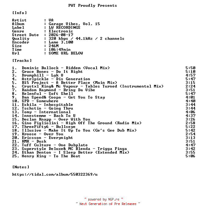 NFO for the release VA-Garage_Vibes_Vol._15-WEB-2026-PWT by PWT